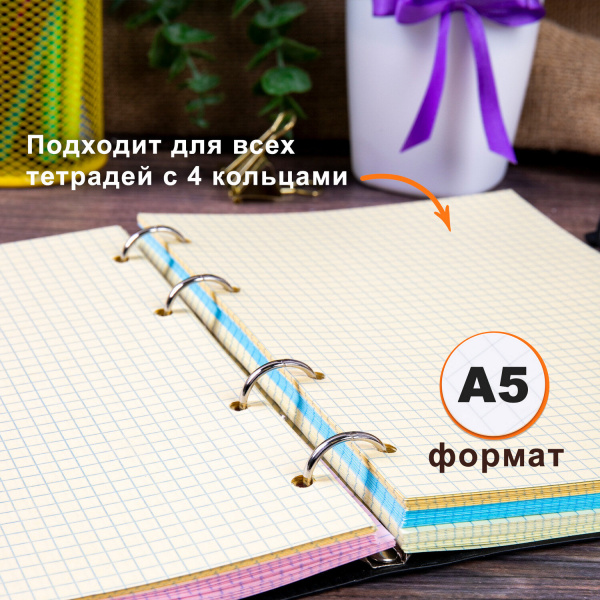Сменный блок к тетради на кольцах А5 200л. BRAUBERG, 4 цвета по 50 л.