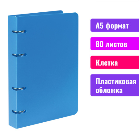 Тетрадь на кольцах А5 (160х215мм) 80л. BRAUBERG "Голубой", пластик, клетка
